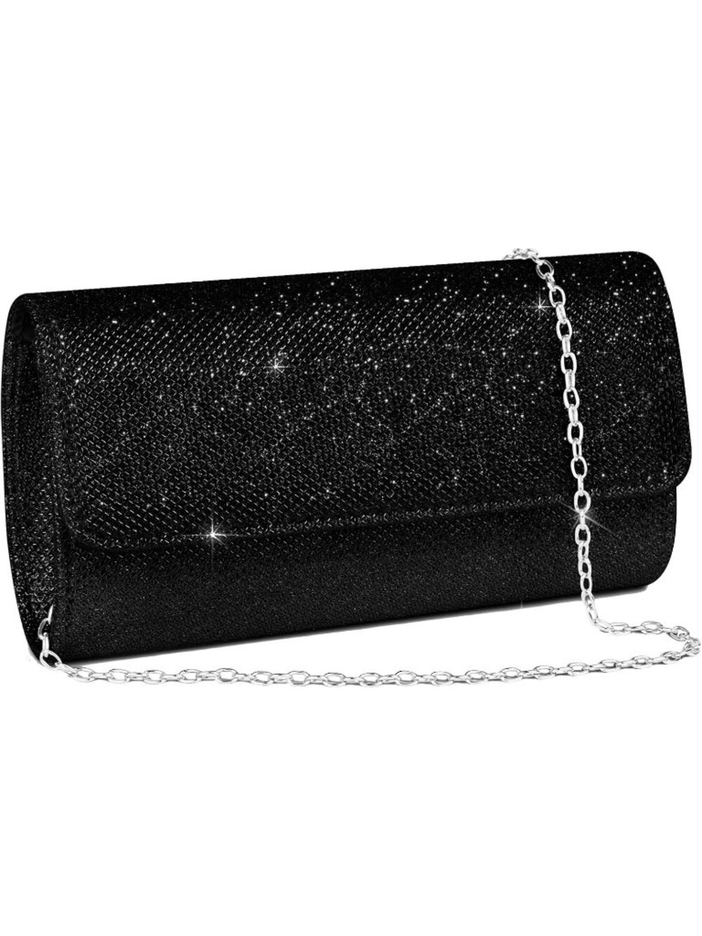Women Black Glitter Sparkling Flap Detachable Chain Envelope Evening Bag Clutch